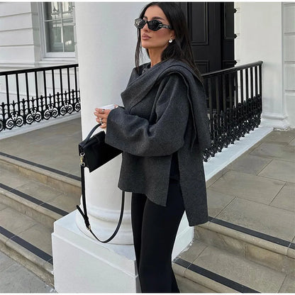 Elegant Woolen Scarf Collar Jacket for Women