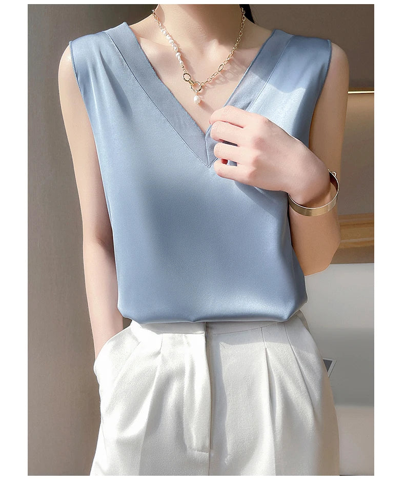 Elegant Women's Silk Chiffon Camisole with Lace V-neck