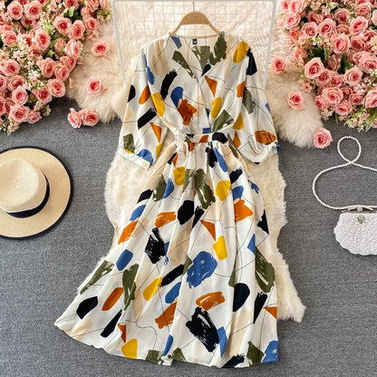 Women's Floral Chiffon Midi Dress – V-Neck Summer Elegance