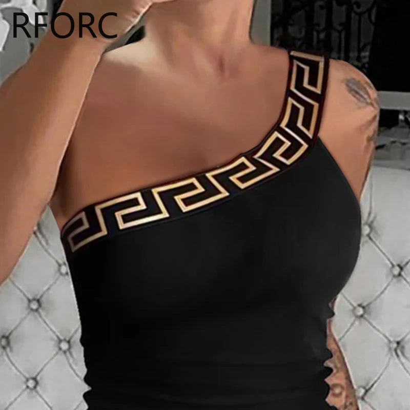 Women One Shoulder Geometric Pattern Sleeveless Sexy Crop Top