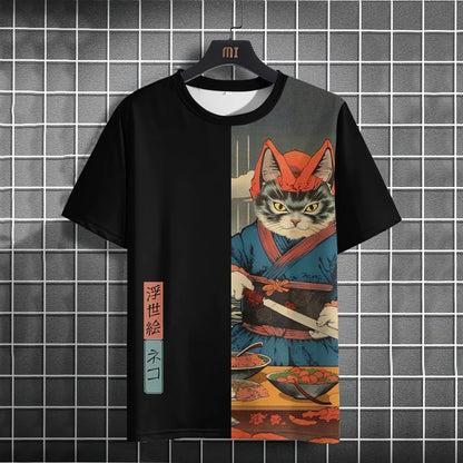 Unisex Japanese Samurai Cat 3D Printed T-shirt