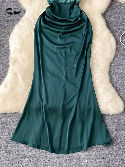 Elegant Satin Spaghetti Strap Backless Bodycon Dress