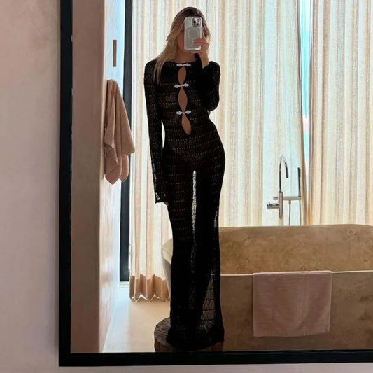 Talenza Hollow Sheer Maxi Dress – Sexy Backless Lace-Up Slit Gown