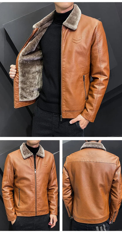 Winter Motorcycle Leather Jacket with Fur Collar