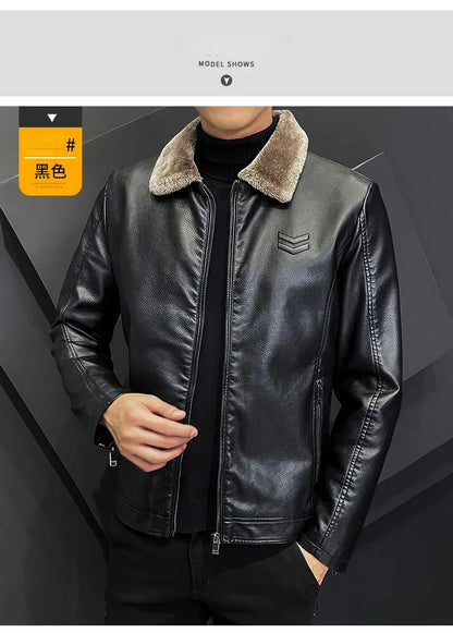 Winter Motorcycle Leather Jacket with Fur Collar