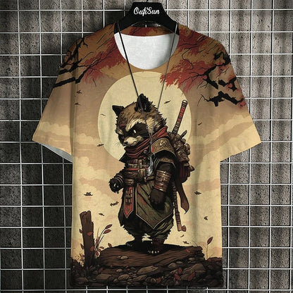 Unisex Japanese Samurai Cat 3D Printed T-shirt
