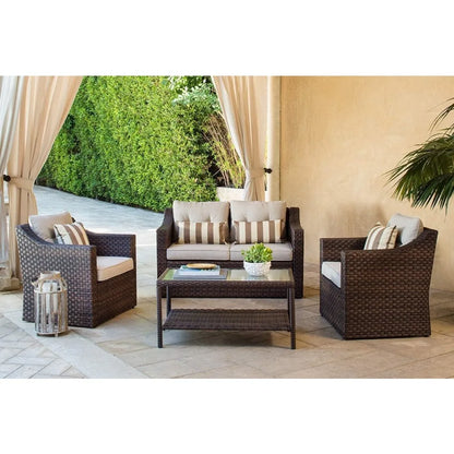Wicker Lounge Chairs, Ottoman, Loveseat, and Glass Coffee Table