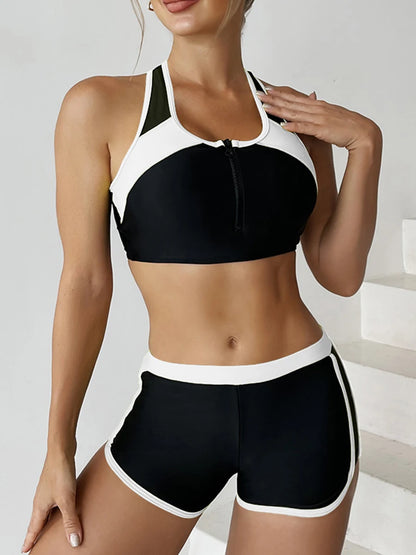 Women's Zipper Bikini Set Two Piece Swimsuit with Shorts Beachwear