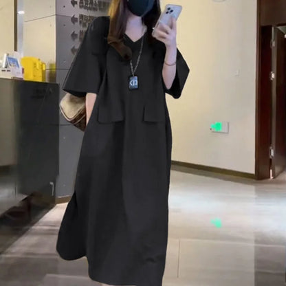 Women's Oversized V-Neck Korean Summer Dress with Pockets