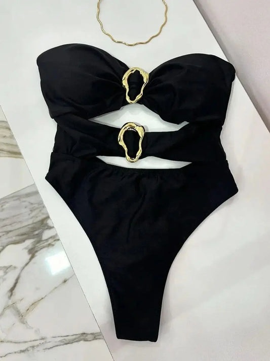 Sexy One Piece Swimsuit for Women with Metal Rings Cut Out Design