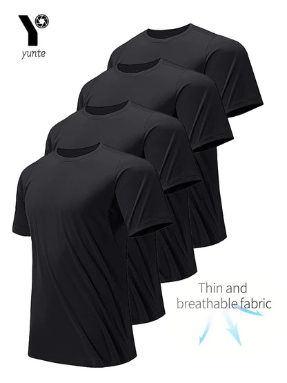 Men’s 4-Pack Black Quick-Dry Round Neck T-Shirts – Ultra-Light Gym & Running