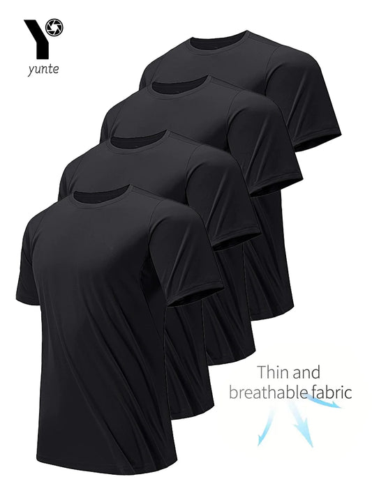 Men’s 4-Pack Black Quick-Dry Round Neck T-Shirts – Ultra-Light Gym & Running