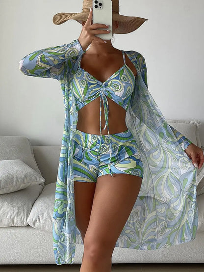 3 Piece High Waist Bikini Set with Cover Up for Women Beachwear