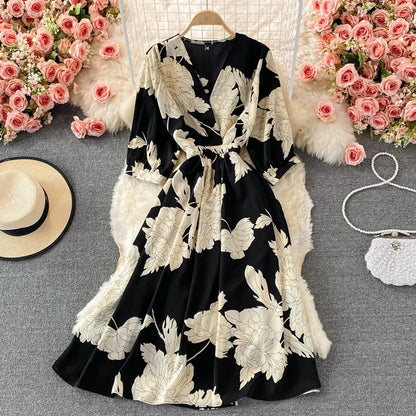 Women's Floral Chiffon Midi Dress – V-Neck Summer Elegance