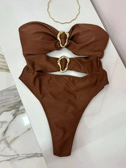 Sexy One Piece Swimsuit for Women with Metal Rings Cut Out Design