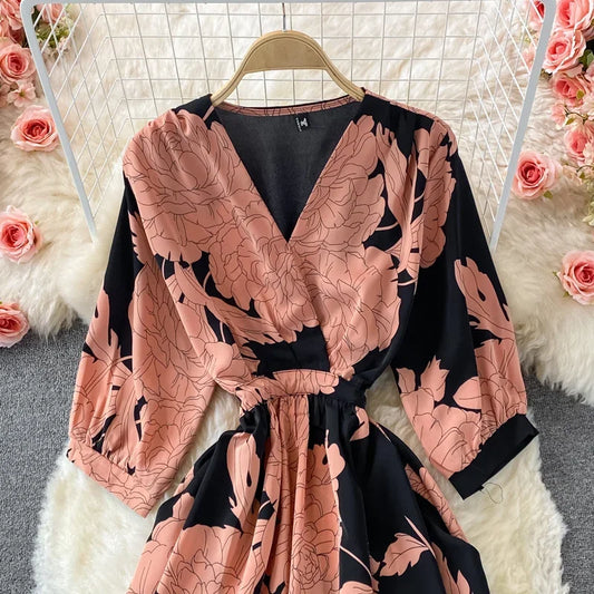 Women's Floral Chiffon Midi Dress – V-Neck Summer Elegance