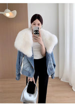 Luxury Women's Fox Fur Collar Goose Down Denim Jacket