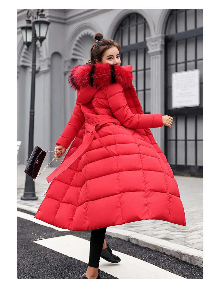 Women's Long Over-Knee Winter Parka with Fur Hood