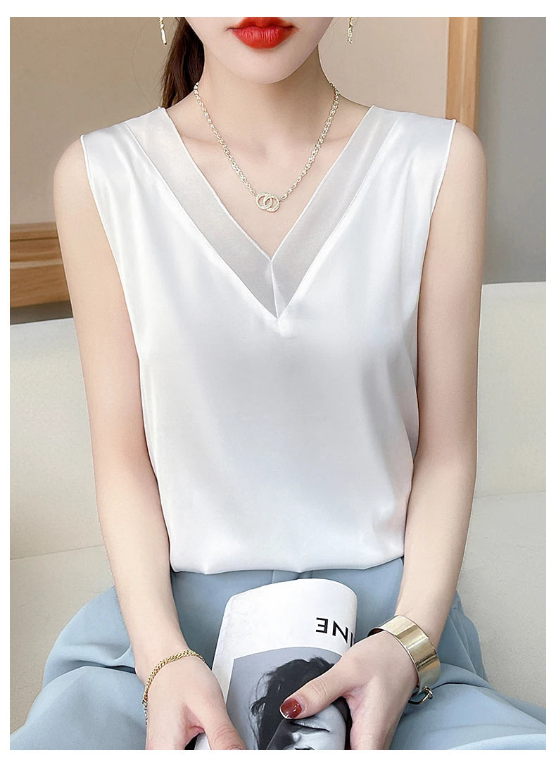 Elegant Women's Silk Chiffon Camisole with Lace V-neck