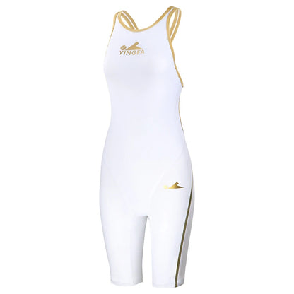 White Fastskin Spandex Competitive Swimsuit for Women Knee-Length Training