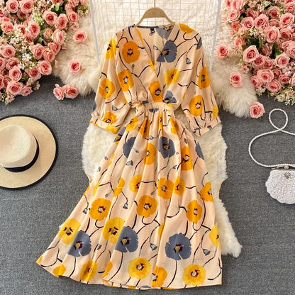 Women's Floral Chiffon Midi Dress – V-Neck Summer Elegance