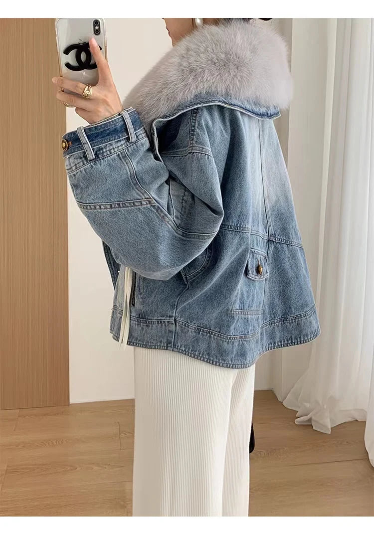 Luxury Women's Fox Fur Collar Goose Down Denim Jacket