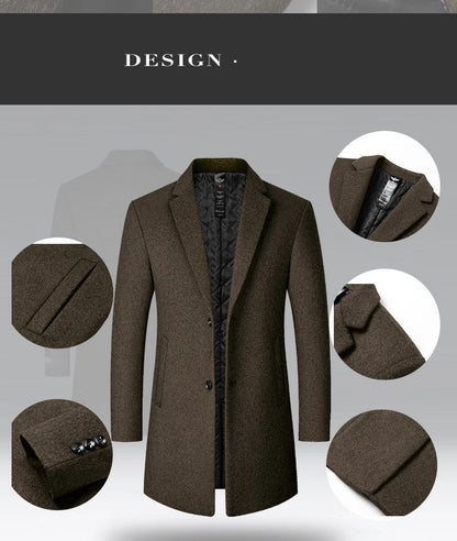BROWON Men's Solid Color Woolen Trench Coat
