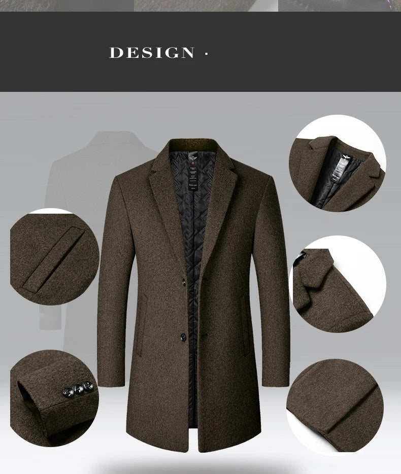 BROWON Men's Solid Color Woolen Trench Coat