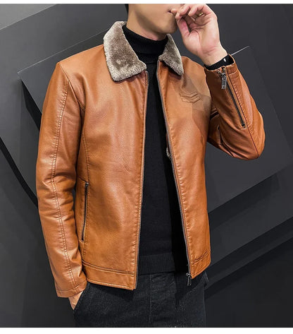 Winter Motorcycle Leather Jacket with Fur Collar