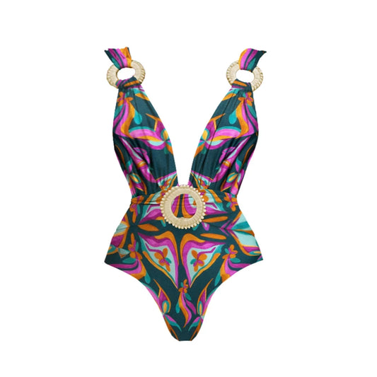 Deep V-Neck Swimsuit with Skirt – Sexy Cut-Out Push-Up Bikini