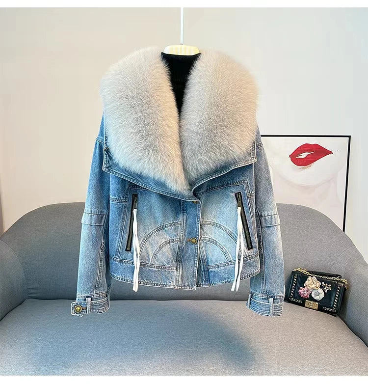 Luxury Women's Fox Fur Collar Goose Down Denim Jacket