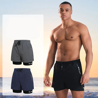 Men’s Quick-Dry Double-Layer Swim Trunks Beach Shorts for Swimming and Spa