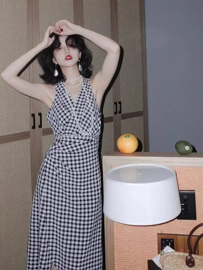 Korean Elegant Plaid Sleeveless V-Neck Summer Dress for Women