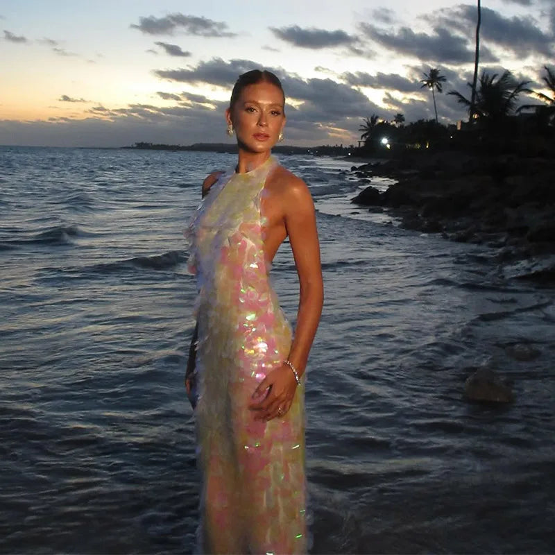 Chic Shining Sequin Maxi Dress – Backless Halter Beach Dress