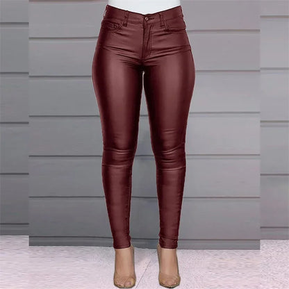 Solid Color PU Leather Pants for Women