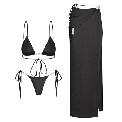 3Pcs White Pearl Bikini Set with Cover-Up