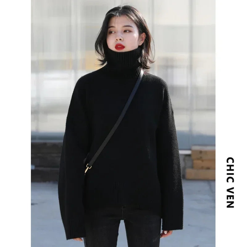 CHIC VEN Korean Women's Loose Turtleneck Sweater