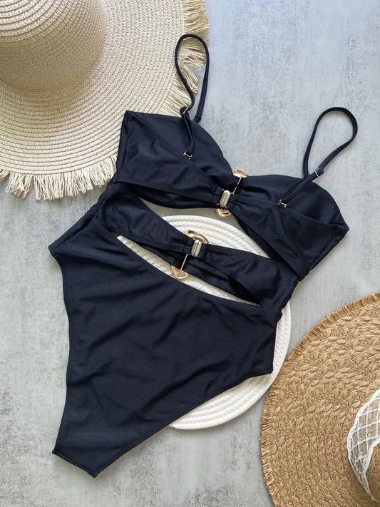 Sexy One Piece Swimsuit for Women with Metal Rings Cut Out Design