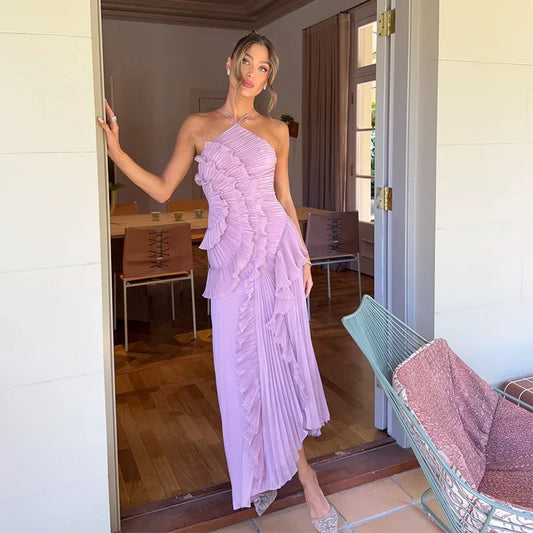 Elegant Y2K Ruffle Backless Summer Gown