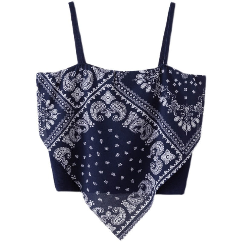 Retro Printed Scarf Crop Top with Bowknot