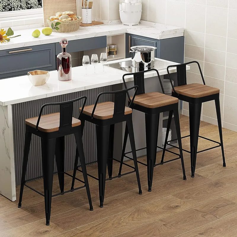 Set of 4 Metal Counter Height Bar Stools with Removable Back & Wooden Seat