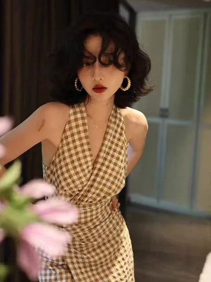 Korean Elegant Plaid Sleeveless V-Neck Summer Dress for Women
