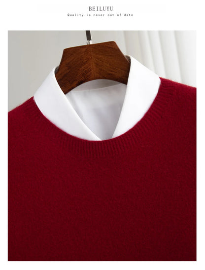 Pure Wool Men's Slim-Fit Round Neck O-Neck Cashmere Sweater