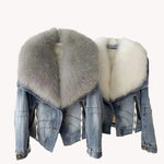 Luxury Women's Fox Fur Collar Goose Down Denim Jacket