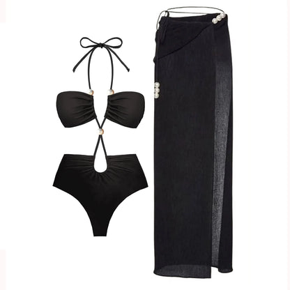 3Pcs White Pearl Bikini Set with Cover-Up