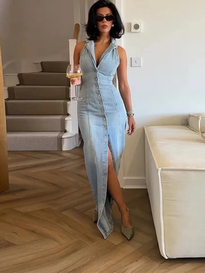 Women's Sleeveless Denim Maxi Dress with Front Split