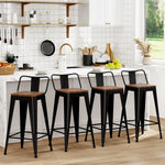 Set of 4 Metal Counter Height Bar Stools with Removable Back & Wooden Seat