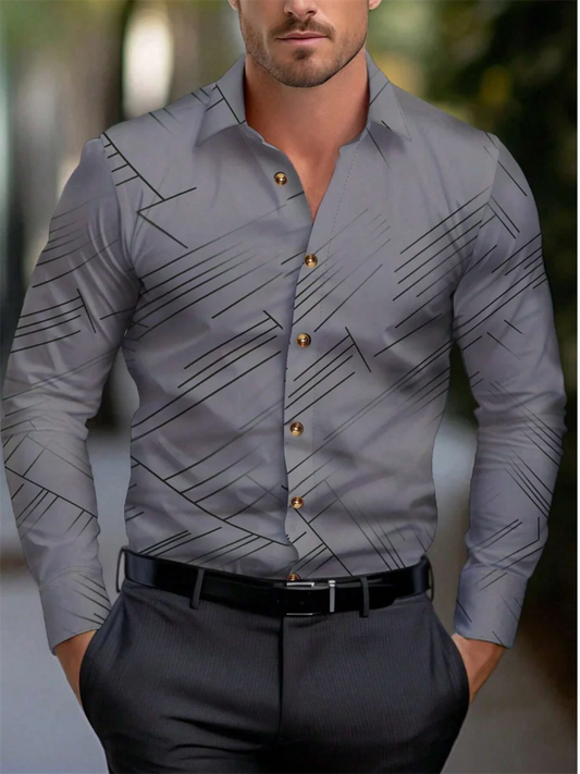 Men's Solid Color Formal Button-up Shirt – Long Sleeve Striped Lapel