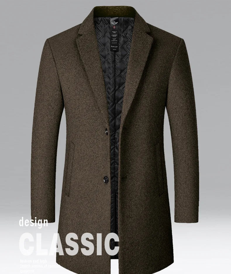 BROWON Men's Solid Color Woolen Trench Coat