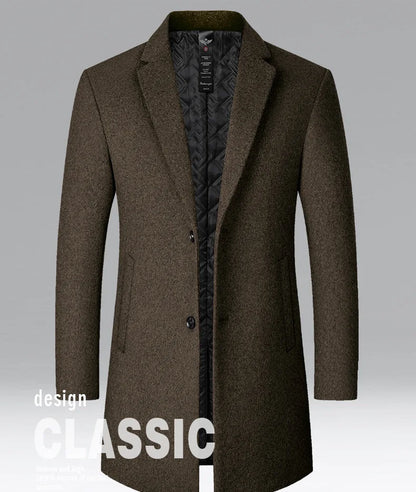 BROWON Men's Solid Color Woolen Trench Coat